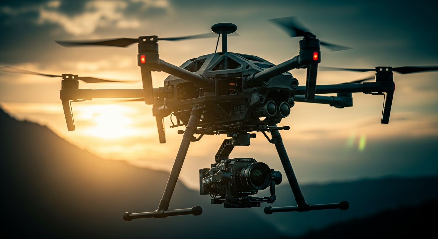 Professional cinema drone with RED camera on Ronin gimbal at golden hour