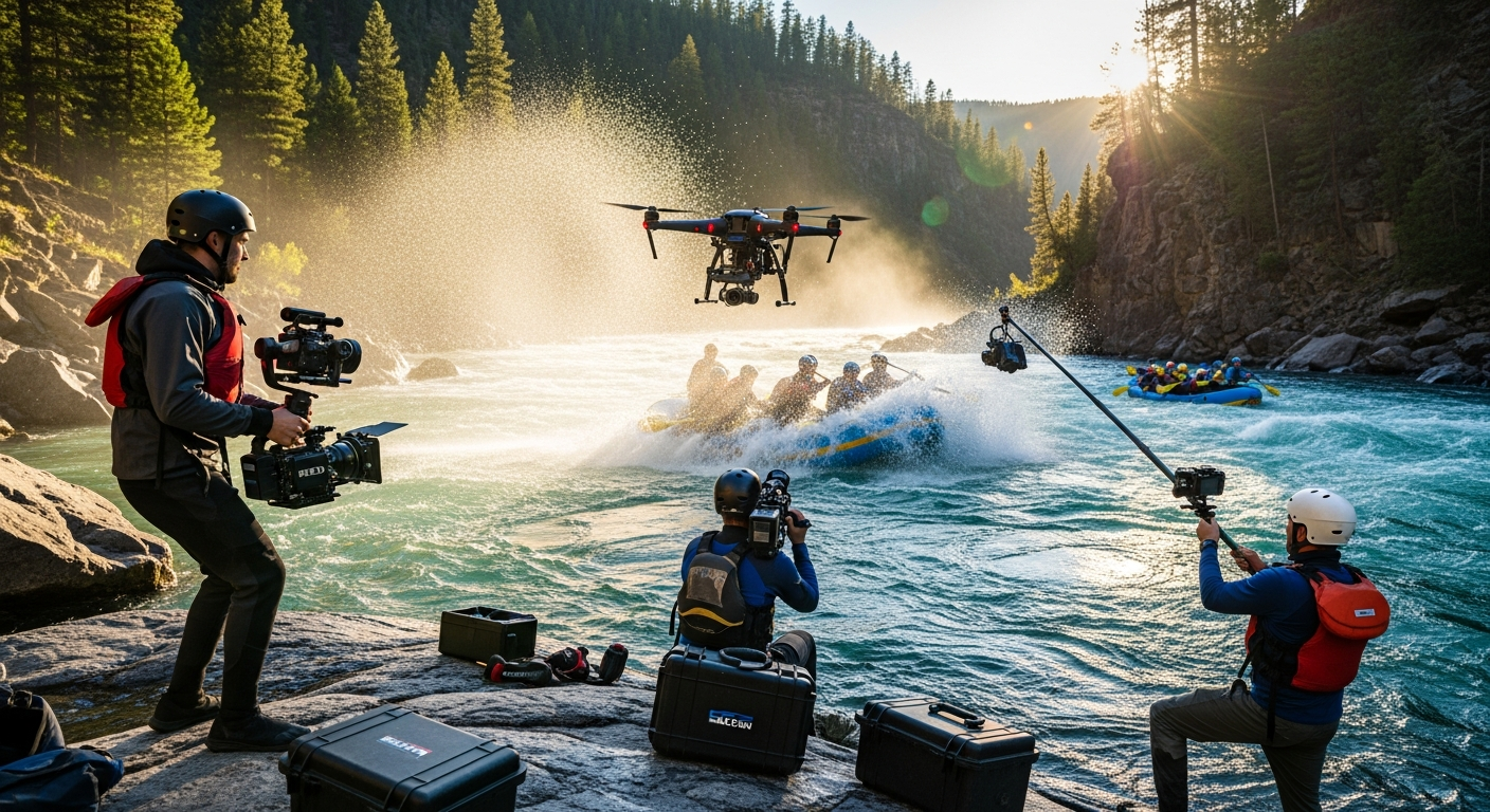Adventure media crew filming whitewater rafting on rapids