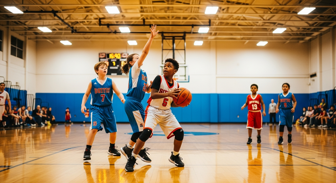 Basketball players competing in a youth league game
