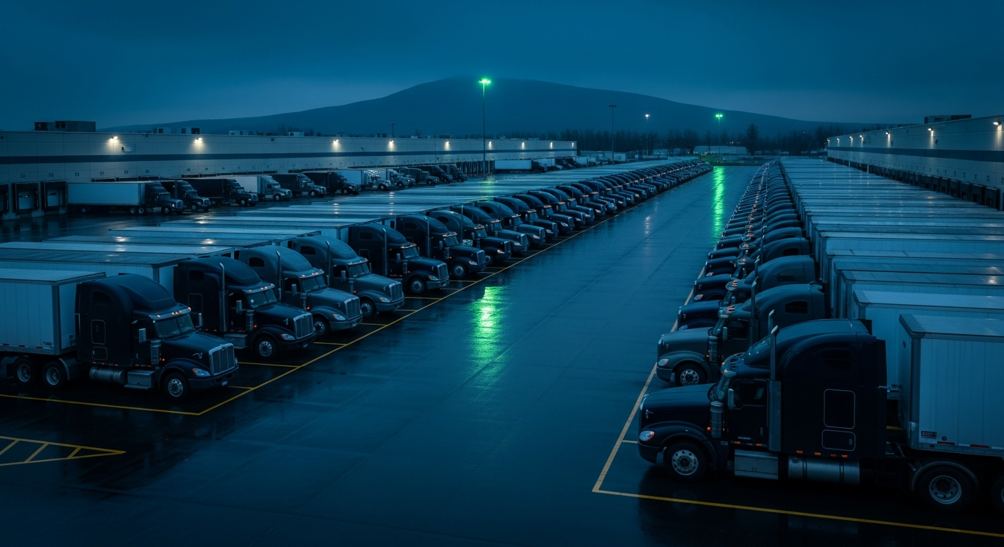 Aerial view of a fleet of Class-8 semi-trucks parked in formation at a distribution warehouse at twilight