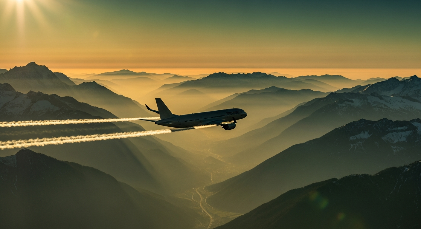 Commercial airplane in flight over dramatic mountain landscape at golden hour with contrails